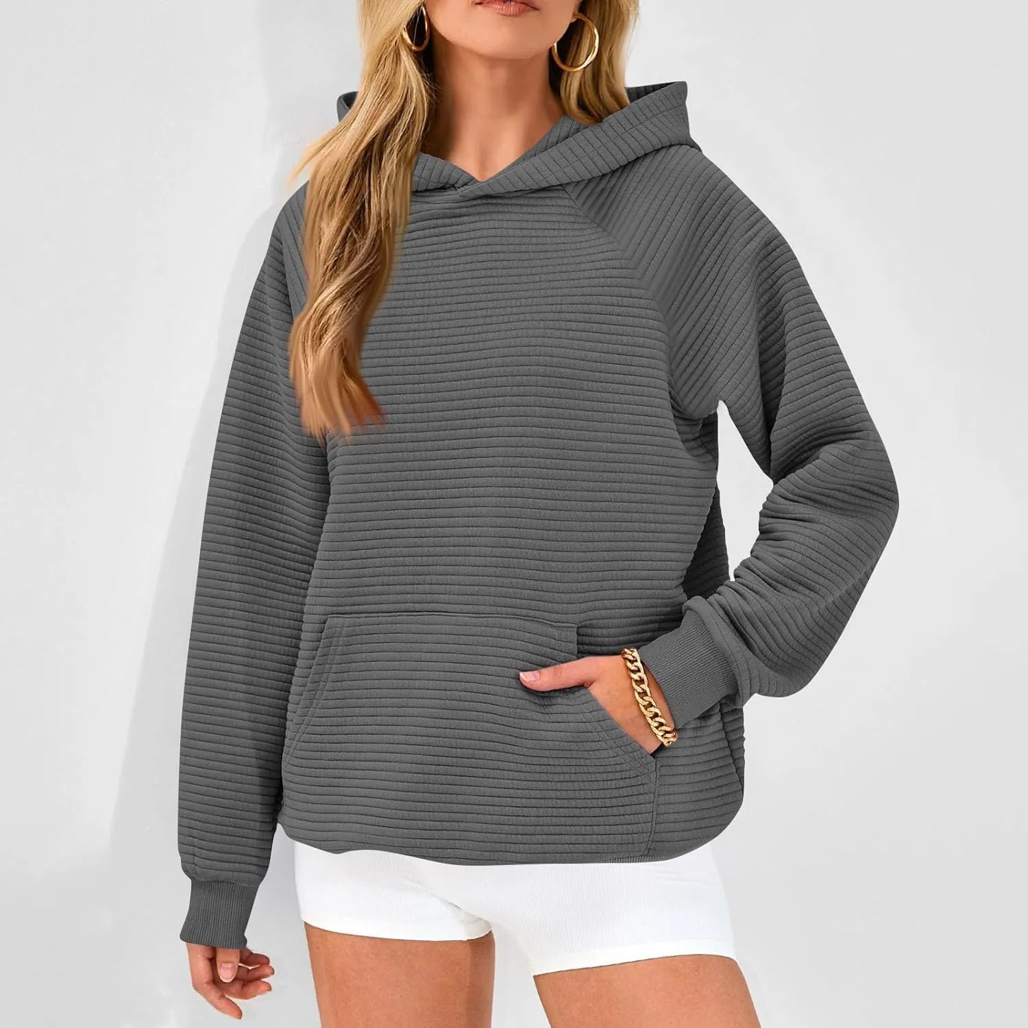 Oversized Hoodie for Women Cute Quilted Hooded Sweatshirt Casual Long Sleeve Pullover Tops with Pocket Travel Outfits