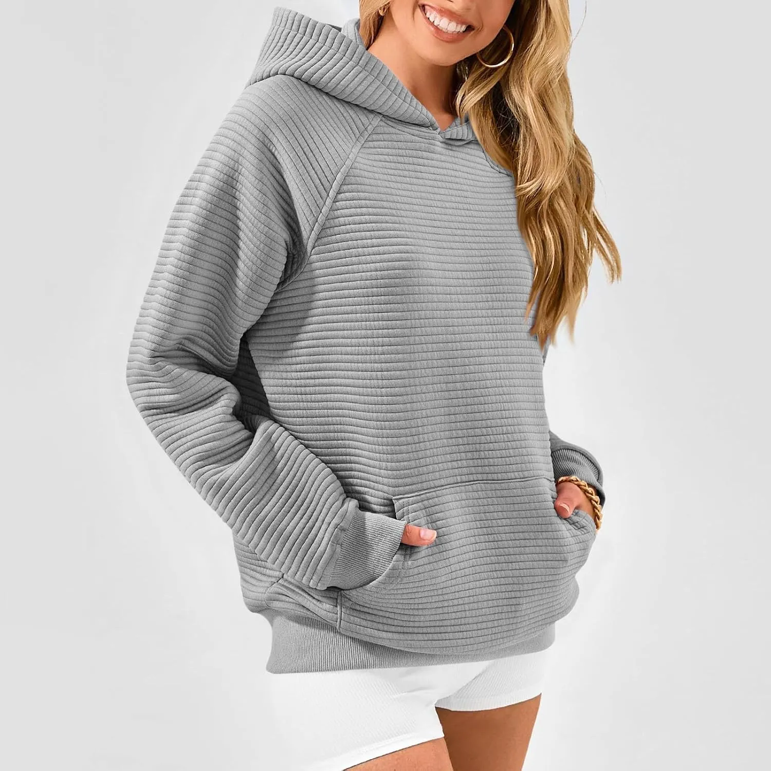 Oversized Hoodie for Women Cute Quilted Hooded Sweatshirt Casual Long Sleeve Pullover Tops with Pocket Travel Outfits