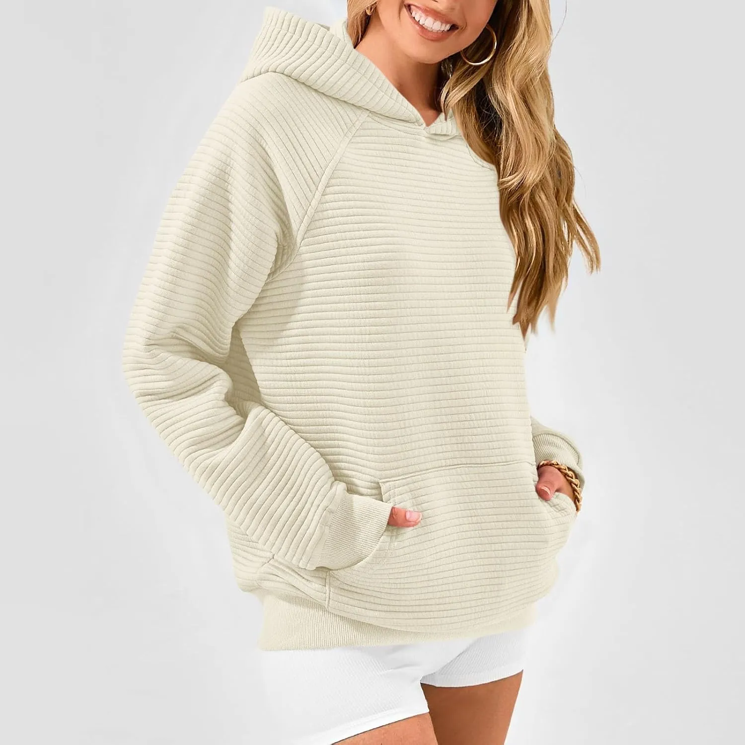 Oversized Hoodie for Women Cute Quilted Hooded Sweatshirt Casual Long Sleeve Pullover Tops with Pocket Travel Outfits