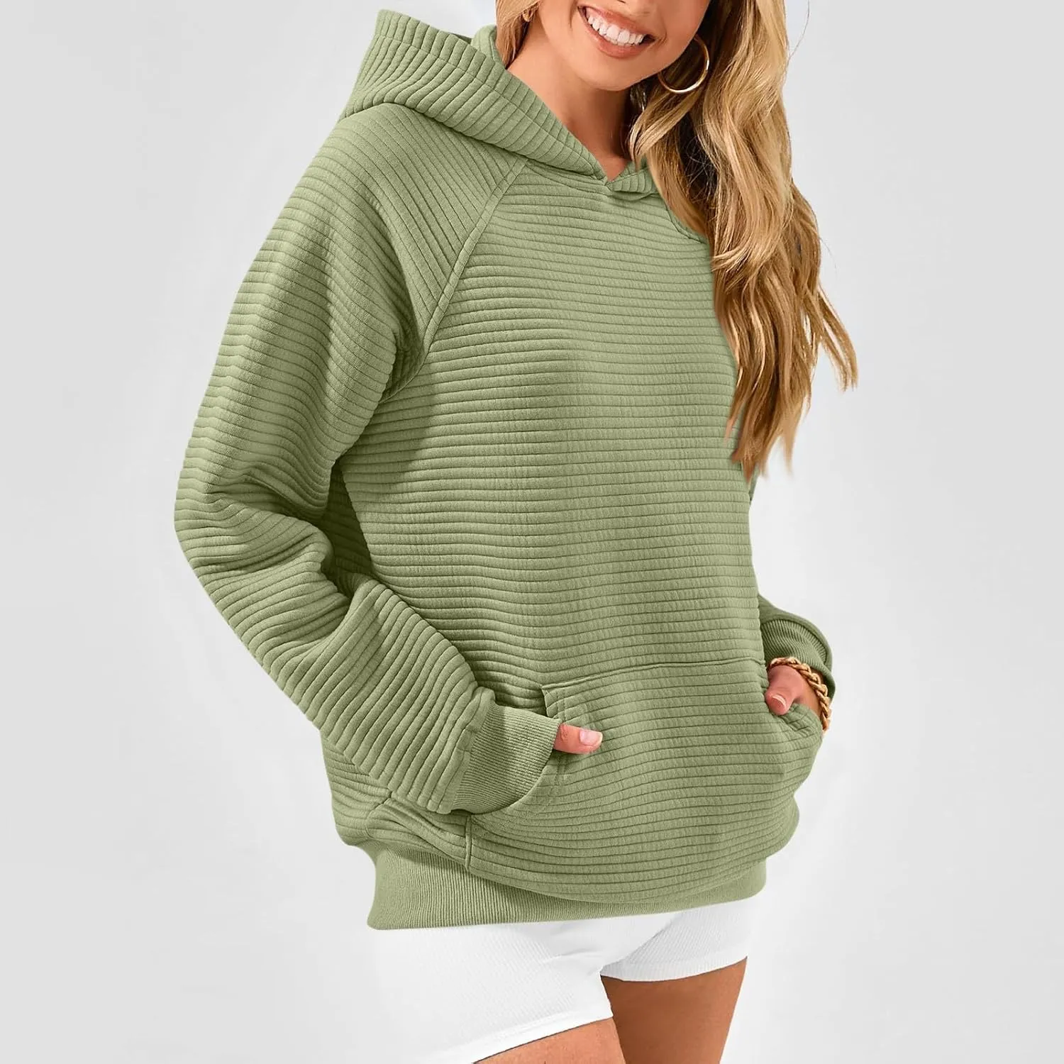 Oversized Hoodie for Women Cute Quilted Hooded Sweatshirt Casual Long Sleeve Pullover Tops with Pocket Travel Outfits