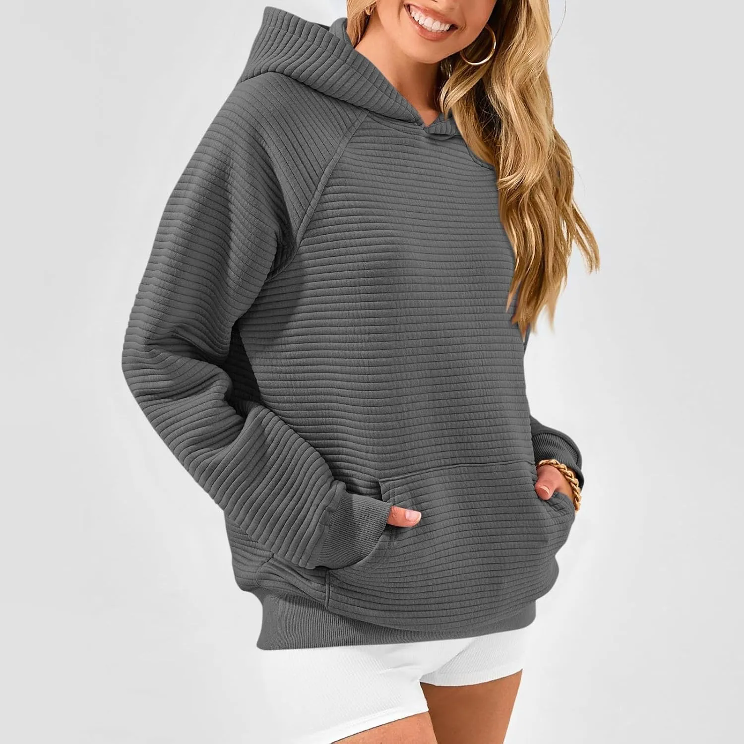 Oversized Hoodie for Women Cute Quilted Hooded Sweatshirt Casual Long Sleeve Pullover Tops with Pocket Travel Outfits