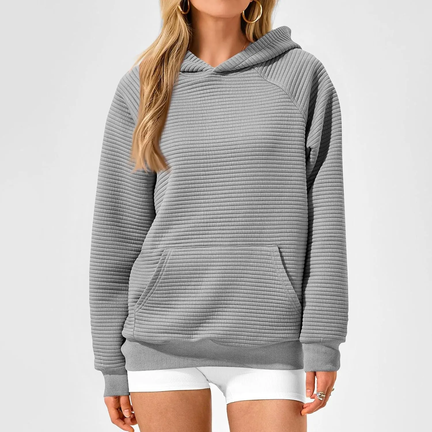 Oversized Hoodie for Women Cute Quilted Hooded Sweatshirt Casual Long Sleeve Pullover Tops with Pocket Travel Outfits