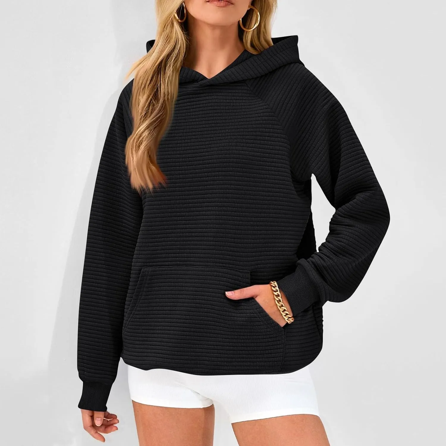 Oversized Hoodie for Women Cute Quilted Hooded Sweatshirt Casual Long Sleeve Pullover Tops with Pocket Travel Outfits