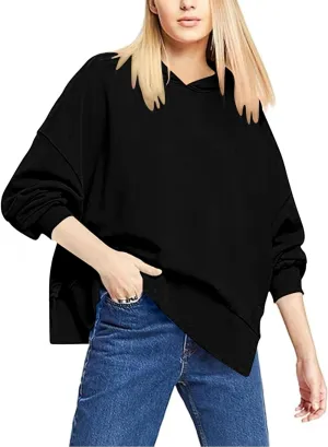 Oversized Hoodies for Women Split Side Hem Hooded Neck Sweatshirts Casual Long Sleeve Drop Shoulder Pullover Tops