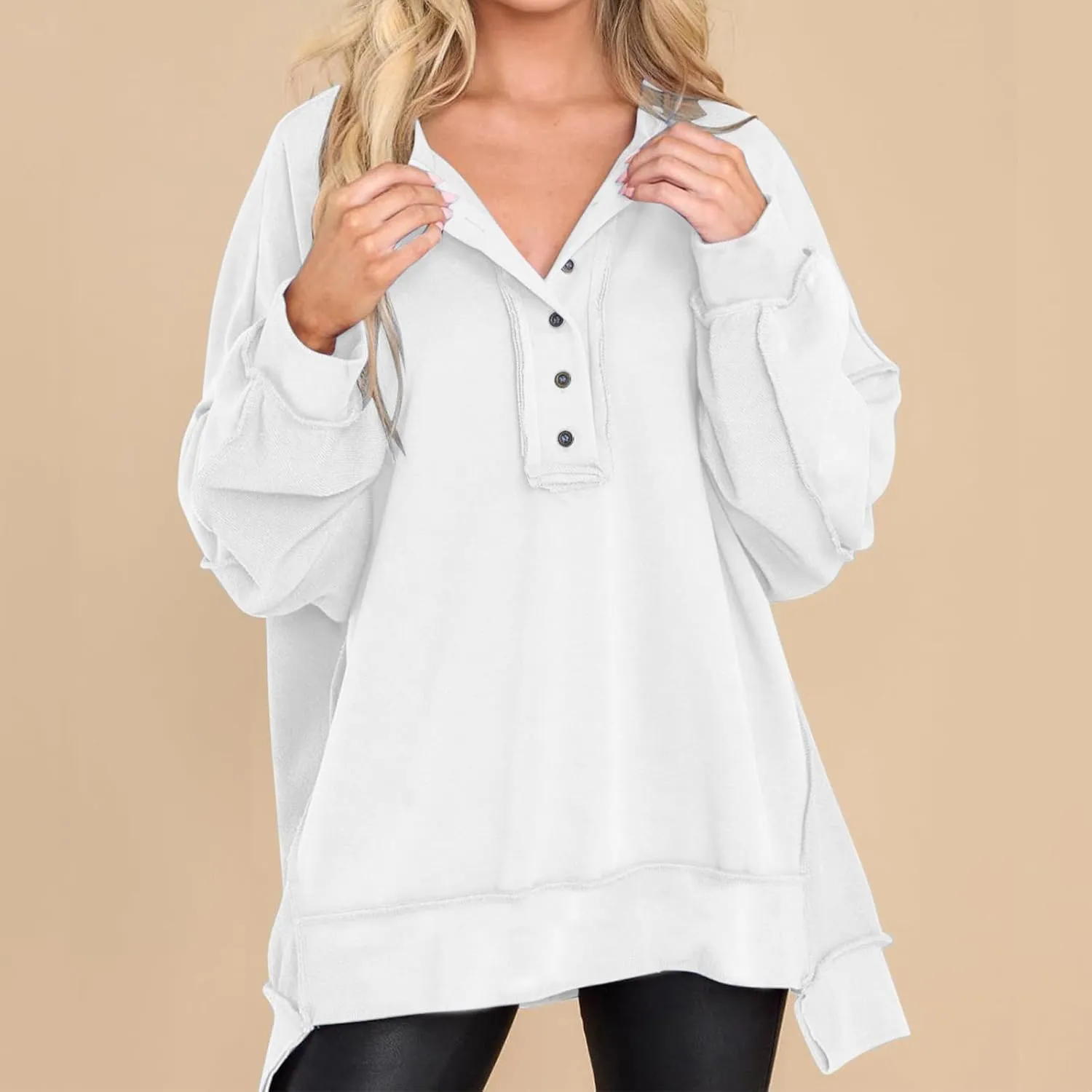 Oversized Women Sweatshirt Button Collared Casual Hoodies Soild Lightweight Pullover Tops Fall Fashion Clothes