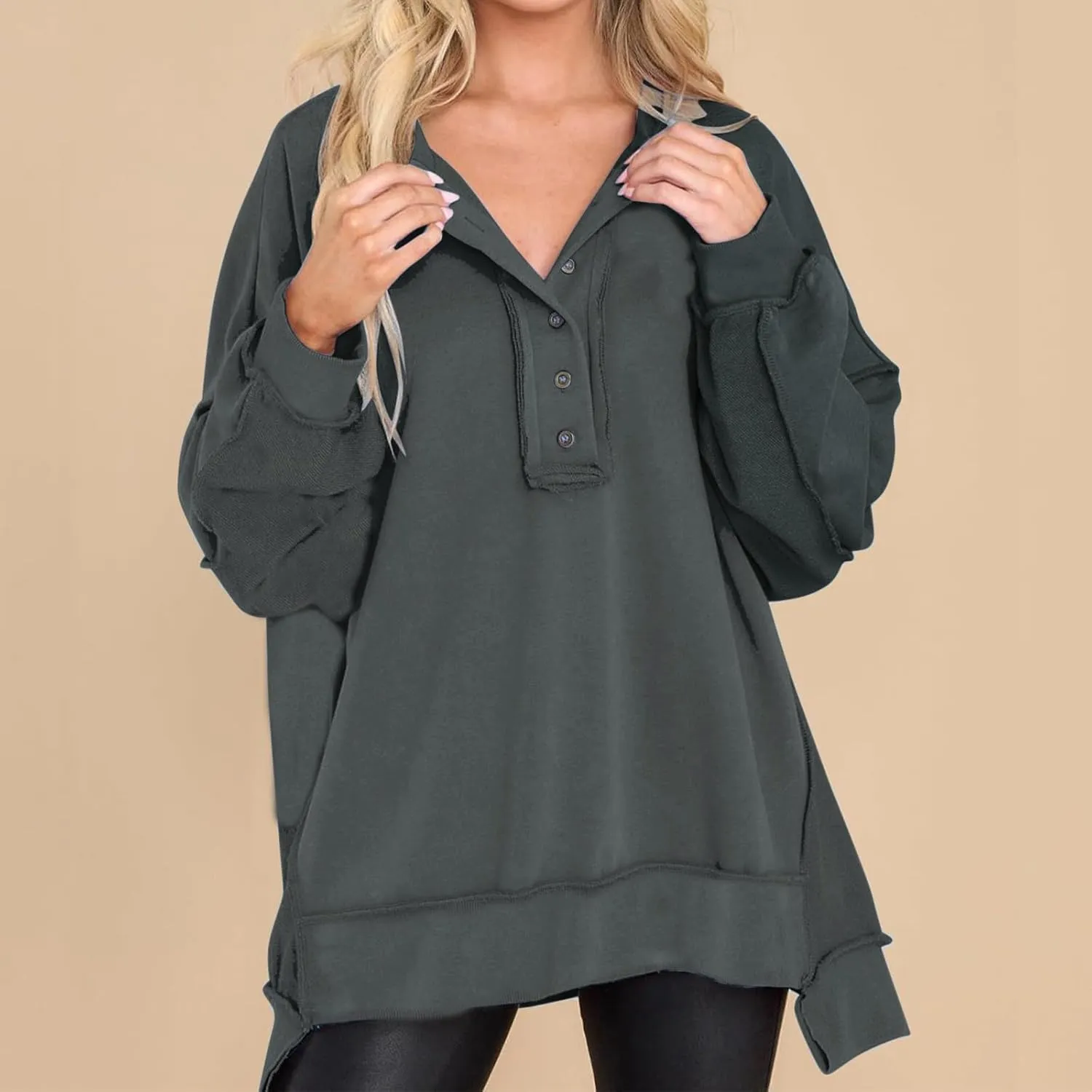 Oversized Women Sweatshirt Button Collared Casual Hoodies Soild Lightweight Pullover Tops Fall Fashion Clothes