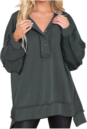 Oversized Women Sweatshirt Button Collared Casual Hoodies Soild Lightweight Pullover Tops Fall Fashion Clothes