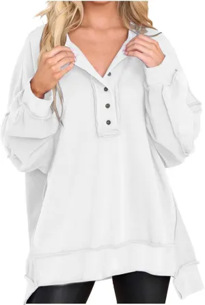 Oversized Women Sweatshirt Button Collared Casual Hoodies Soild Lightweight Pullover Tops Fall Fashion Clothes