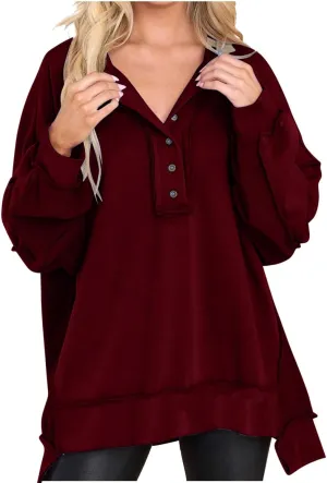 Oversized Women Sweatshirt Button Collared Casual Hoodies Soild Lightweight Pullover Tops Fall Fashion Clothes