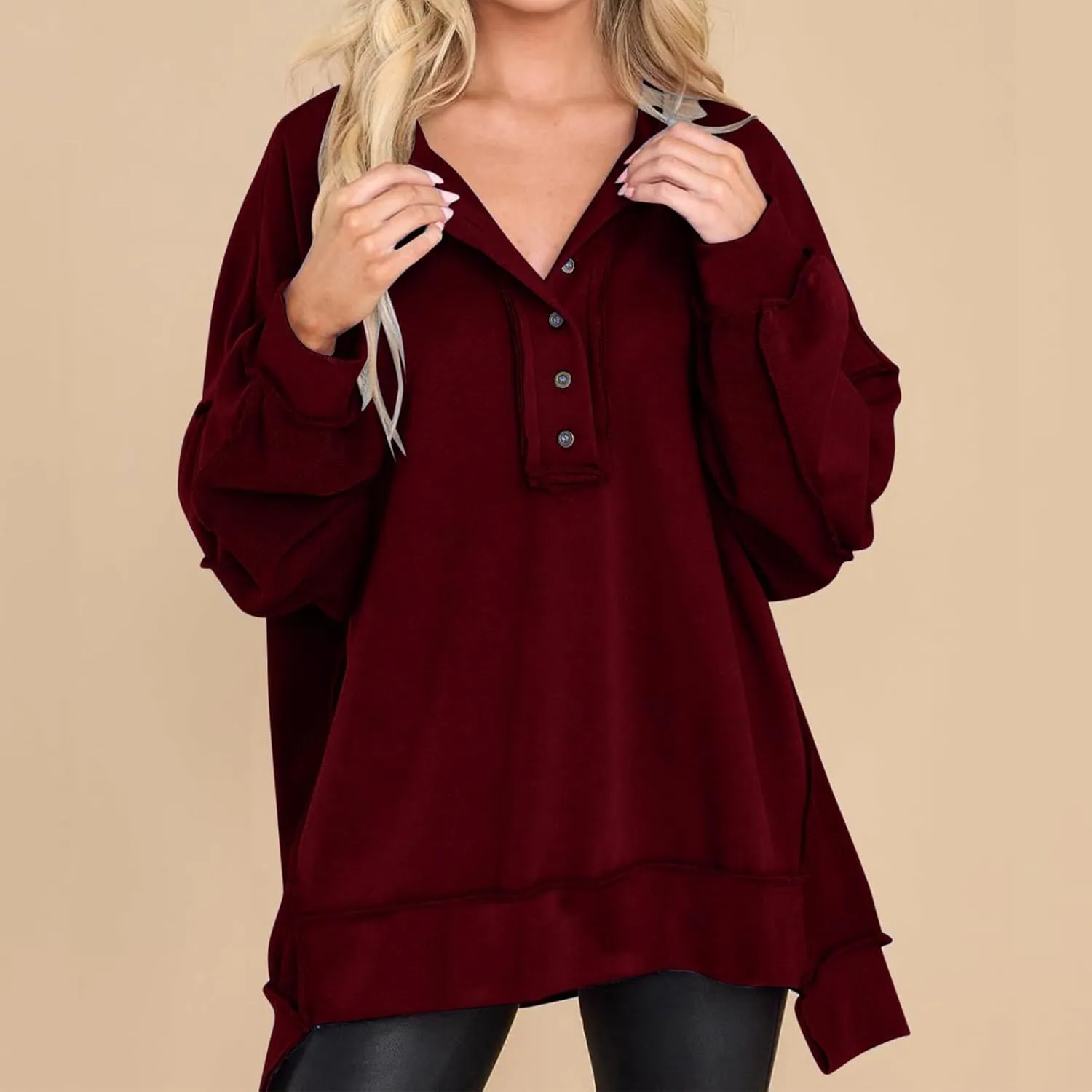 Oversized Women Sweatshirt Button Collared Casual Hoodies Soild Lightweight Pullover Tops Fall Fashion Clothes