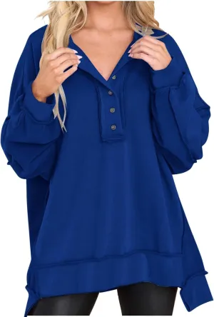 Oversized Women Sweatshirt Button Collared Casual Hoodies Soild Lightweight Pullover Tops Fall Fashion Clothes