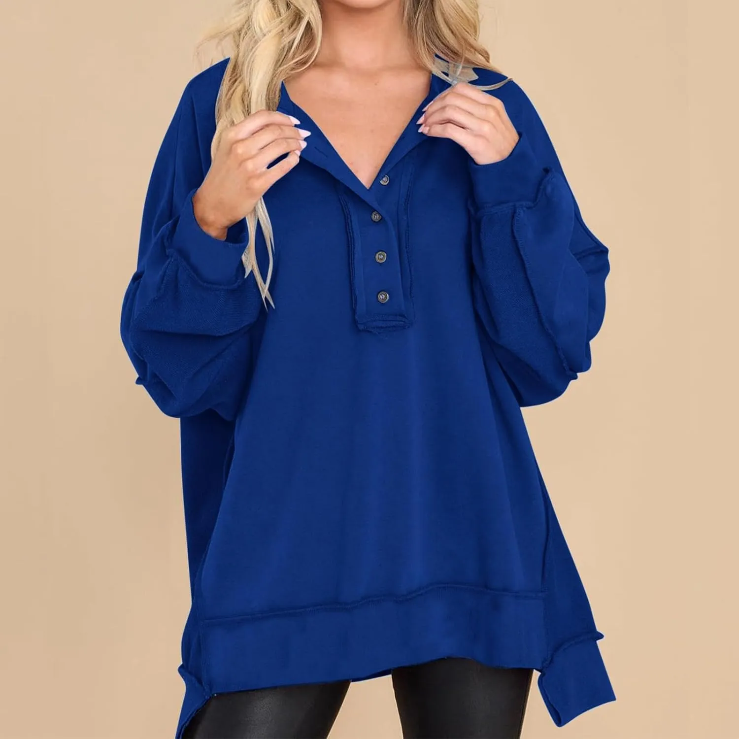 Oversized Women Sweatshirt Button Collared Casual Hoodies Soild Lightweight Pullover Tops Fall Fashion Clothes
