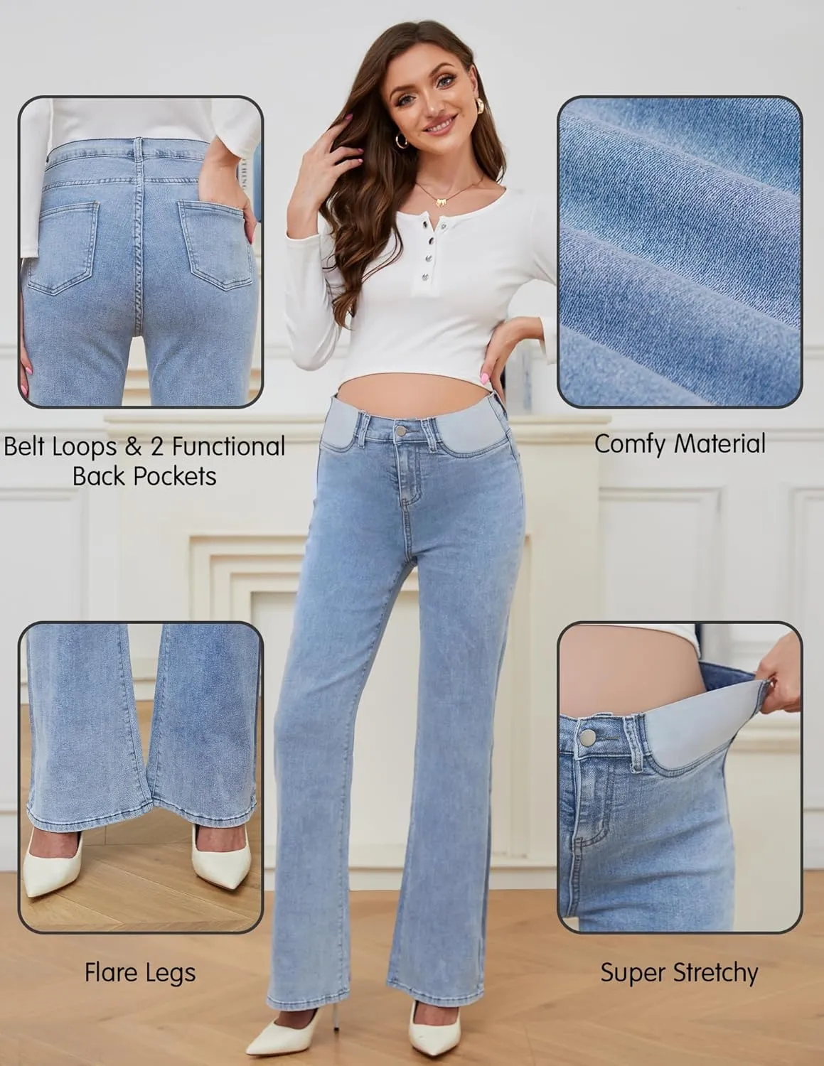 PACBREEZE Women's Maternity Flare Jeans Mid-Rise Stretchy Bell Bootcut Jeans Denim Pregnancy Pants, S-XXL