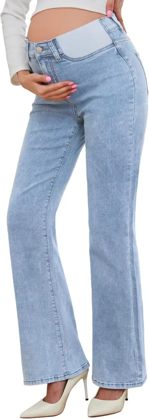 PACBREEZE Women's Maternity Flare Jeans Mid-Rise Stretchy Bell Bootcut Jeans Denim Pregnancy Pants, S-XXL