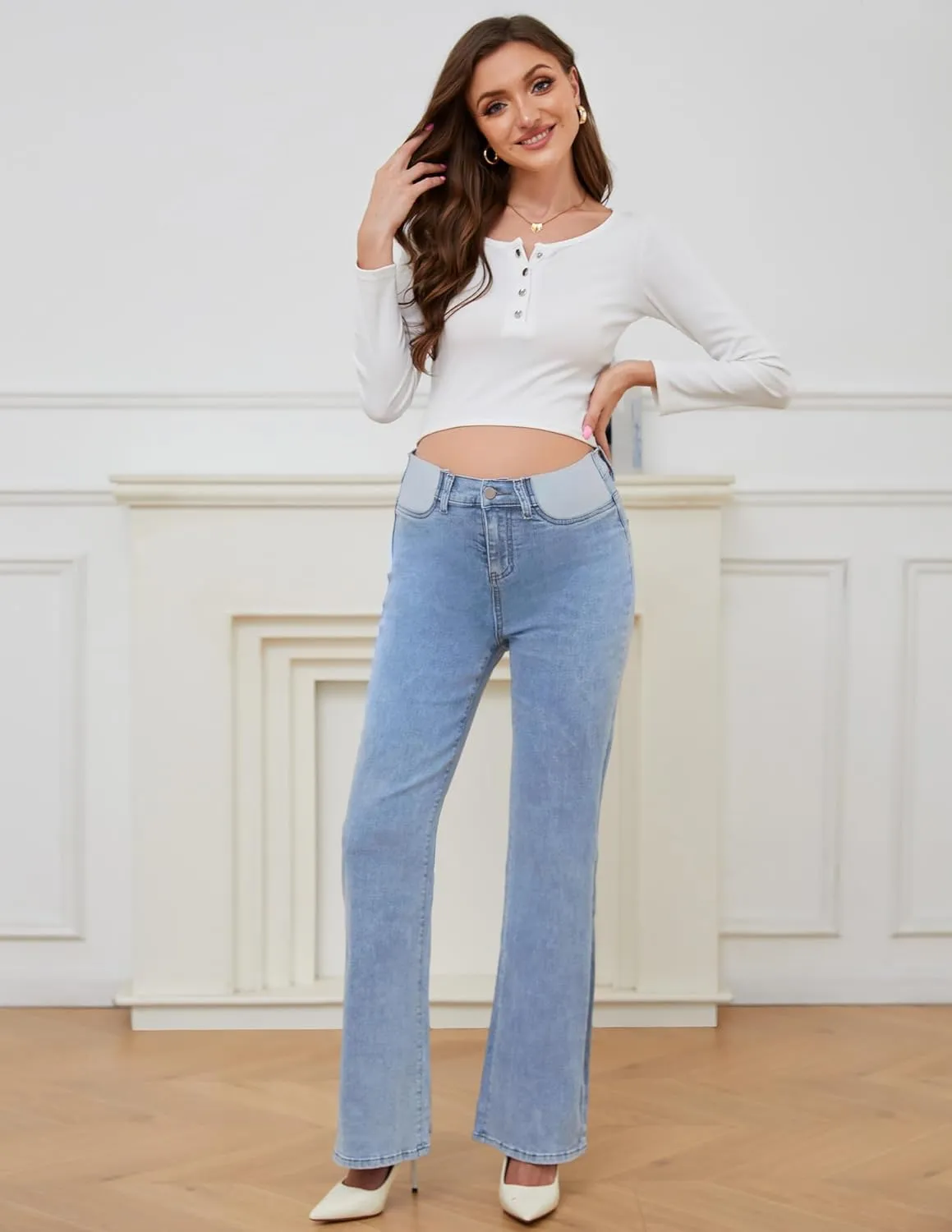 PACBREEZE Women's Maternity Flare Jeans Mid-Rise Stretchy Bell Bootcut Jeans Denim Pregnancy Pants, S-XXL