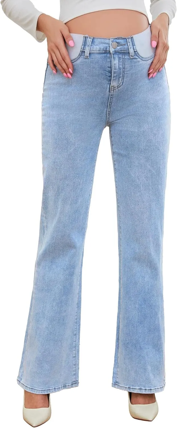 PACBREEZE Women's Maternity Flare Jeans Mid-Rise Stretchy Bell Bootcut Jeans Denim Pregnancy Pants, S-XXL