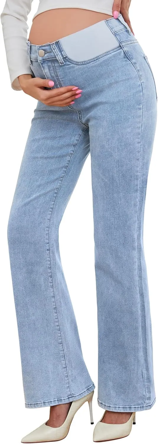 PACBREEZE Women's Maternity Flare Jeans Mid-Rise Stretchy Bell Bootcut Jeans Denim Pregnancy Pants, S-XXL