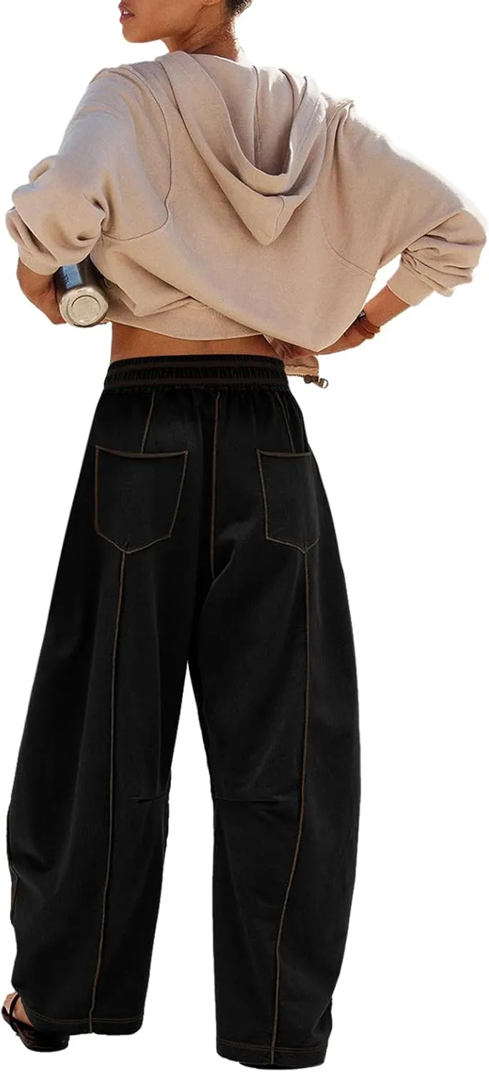 Panadila Womens Barrel Pants Drawstring Wide Leg Sweatpants Baggy Summer Lounge Pants Casual Beach Trousers