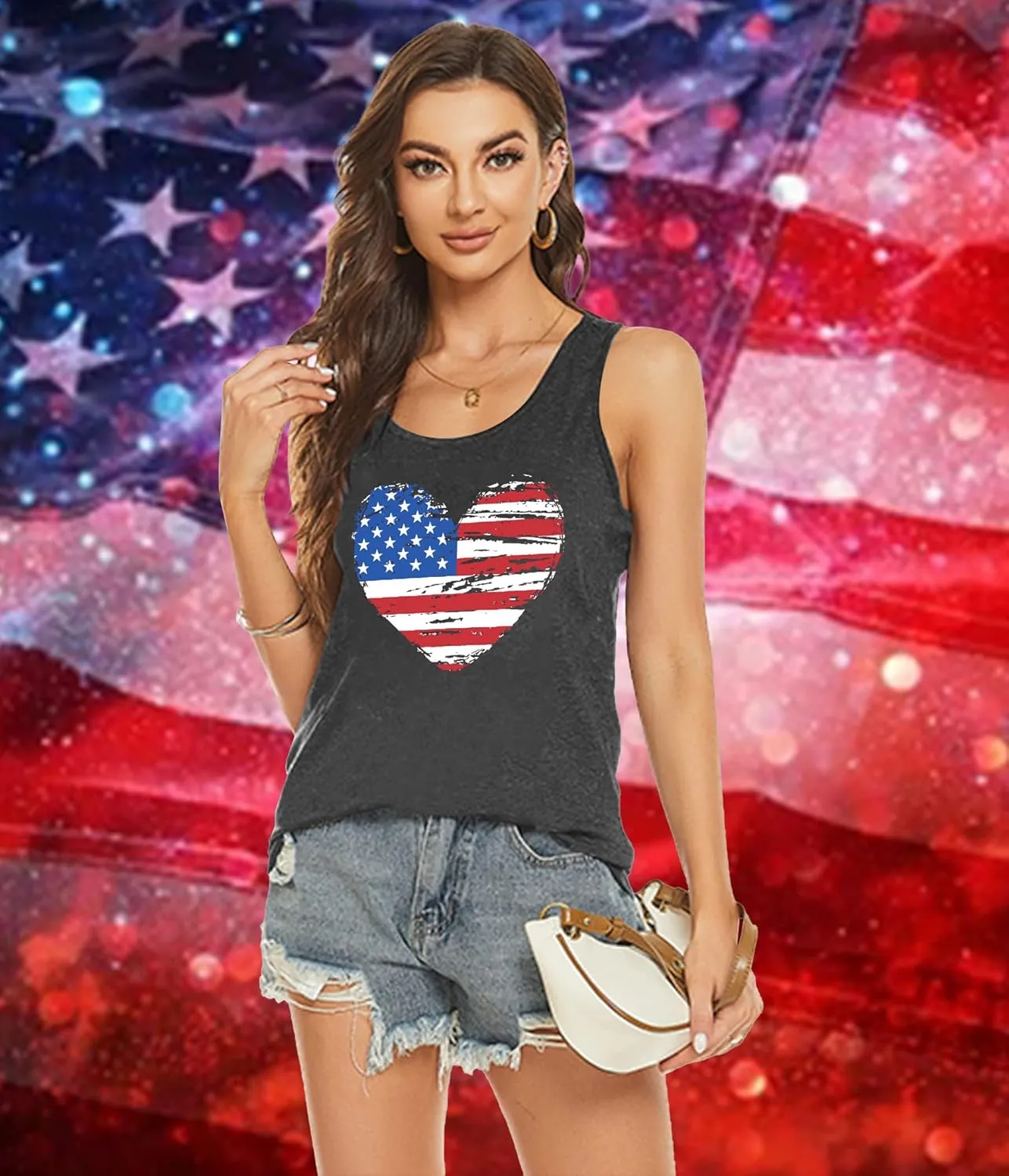 PECHAR Patriotic Shirts 4th of July Sleeveless Tank Tops Women American Flag T Shirt USA Graphic Tees Racerback Vest