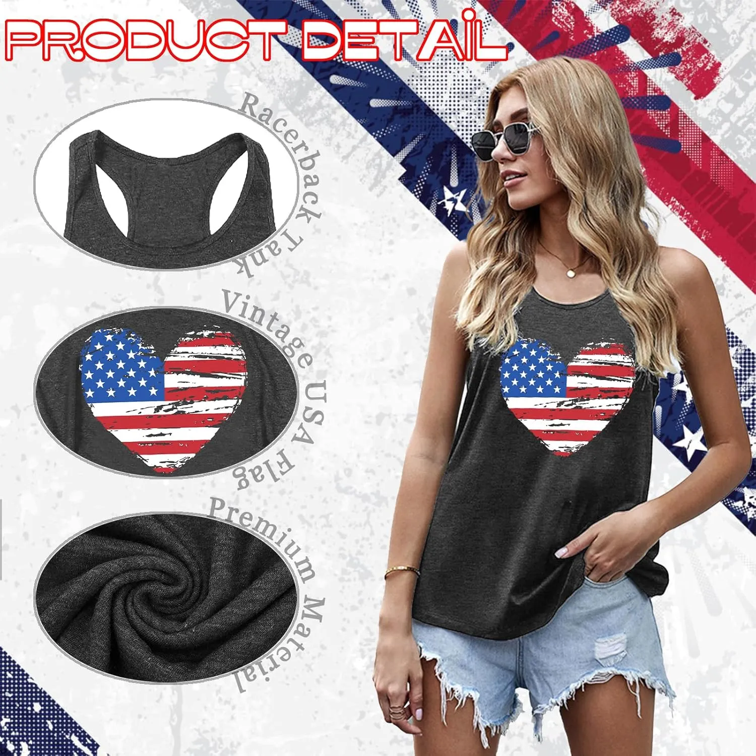 PECHAR Patriotic Shirts 4th of July Sleeveless Tank Tops Women American Flag T Shirt USA Graphic Tees Racerback Vest
