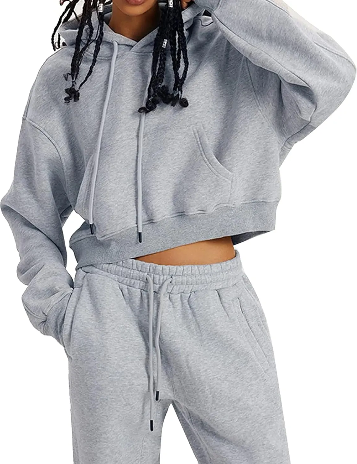 PEHMEA Women's 2 Piece Sweatsuit Outfits, Winter Comfy Lounge Sets for Women, Fleece Hoodies Crop Pullover with Joggers Pants