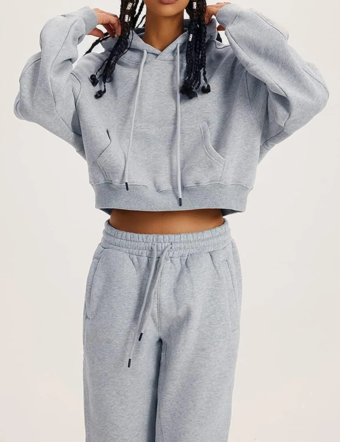PEHMEA Women's 2 Piece Sweatsuit Outfits, Winter Comfy Lounge Sets for Women, Fleece Hoodies Crop Pullover with Joggers Pants