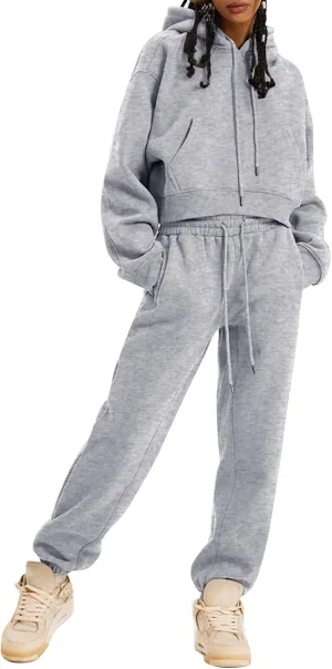 PEHMEA Women's 2 Piece Sweatsuit Outfits, Winter Comfy Lounge Sets for Women, Fleece Hoodies Crop Pullover with Joggers Pants