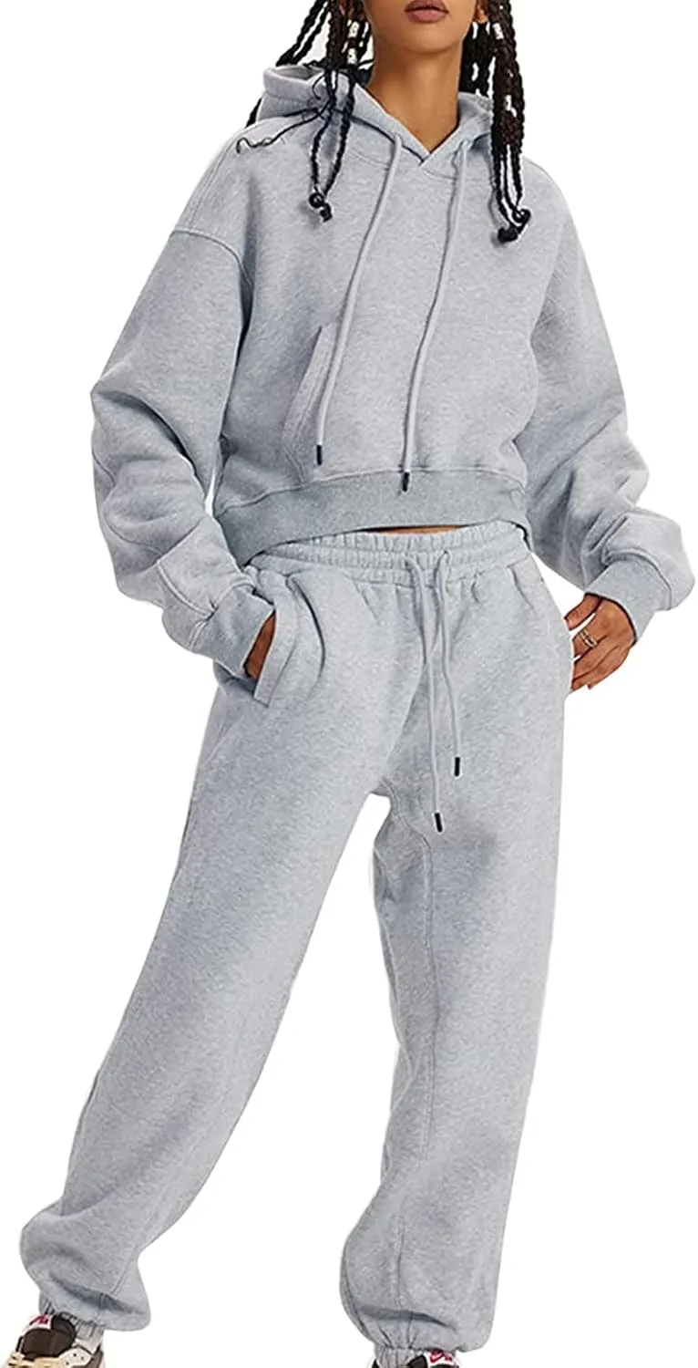 PEHMEA Women's 2 Piece Sweatsuit Outfits, Winter Comfy Lounge Sets for Women, Fleece Hoodies Crop Pullover with Joggers Pants