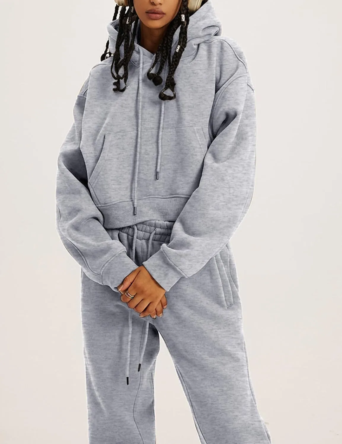 PEHMEA Women's 2 Piece Sweatsuit Outfits, Winter Comfy Lounge Sets for Women, Fleece Hoodies Crop Pullover with Joggers Pants