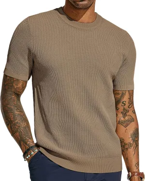 PJ PAUL JONES Men's T-Shirts Casual Knit Short Sleeve Crewneck Honeycomb Waffle Solid Knitted Pullover Tees