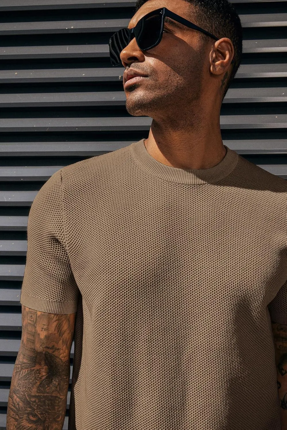 PJ PAUL JONES Men's T-Shirts Casual Knit Short Sleeve Crewneck Honeycomb Waffle Solid Knitted Pullover Tees