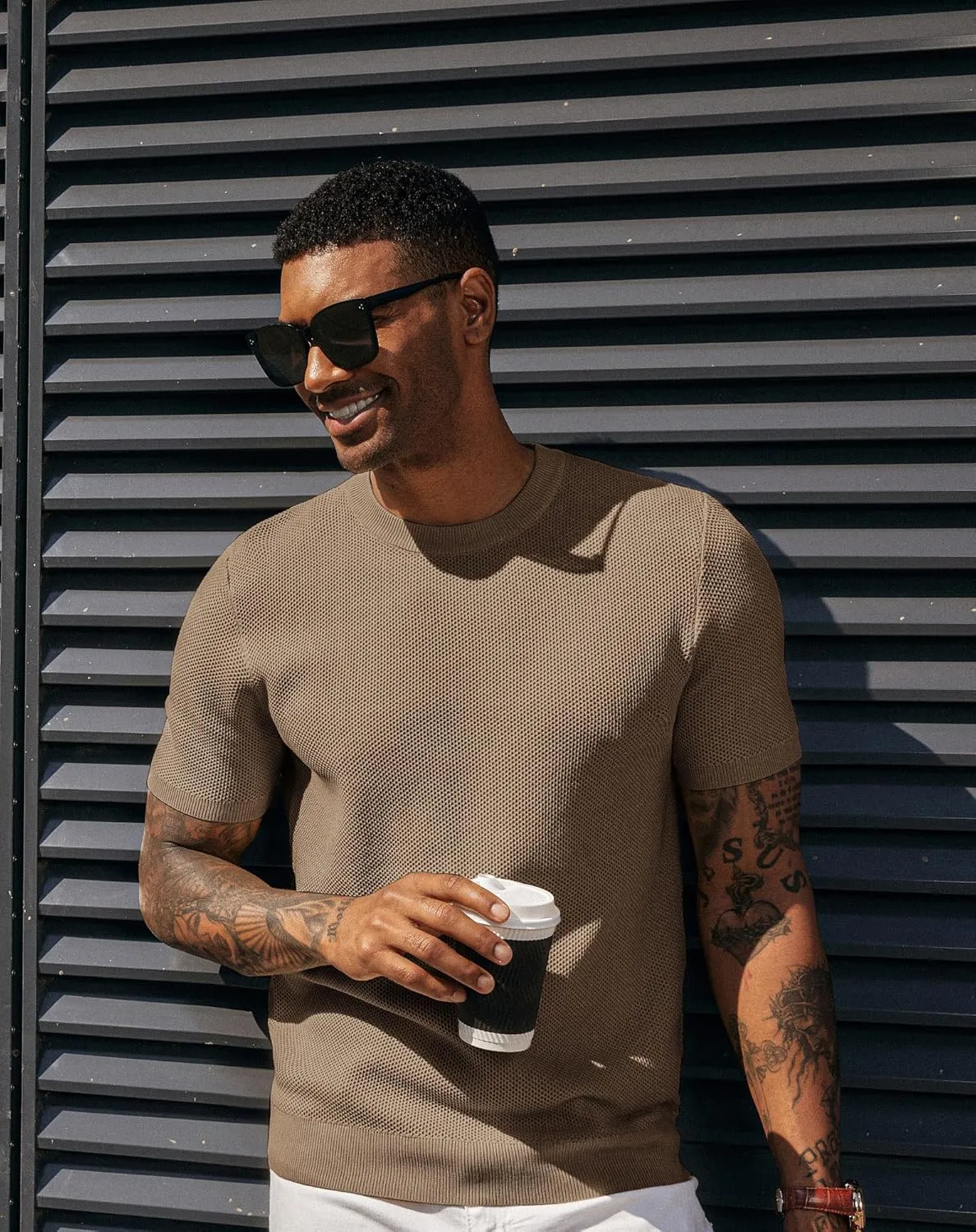 PJ PAUL JONES Men's T-Shirts Casual Knit Short Sleeve Crewneck Honeycomb Waffle Solid Knitted Pullover Tees