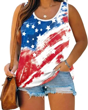 Plus Size American Flag Shirts Women 4th of July Tank Tops Patriotic USA Sleeveless Graphic Tees Casual Plus Size Tops