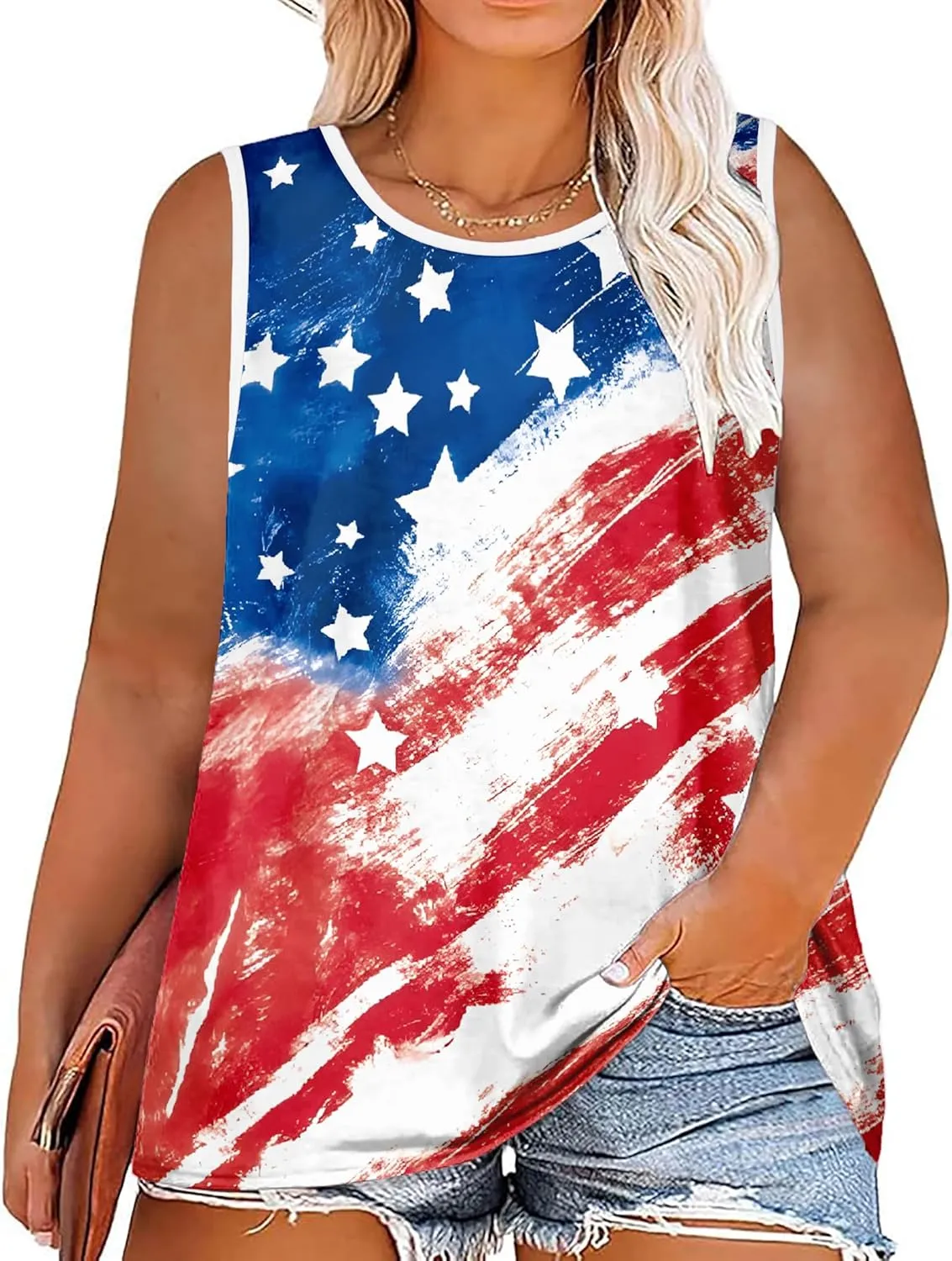 Plus Size American Flag Shirts Women 4th of July Tank Tops Patriotic USA Sleeveless Graphic Tees Casual Plus Size Tops