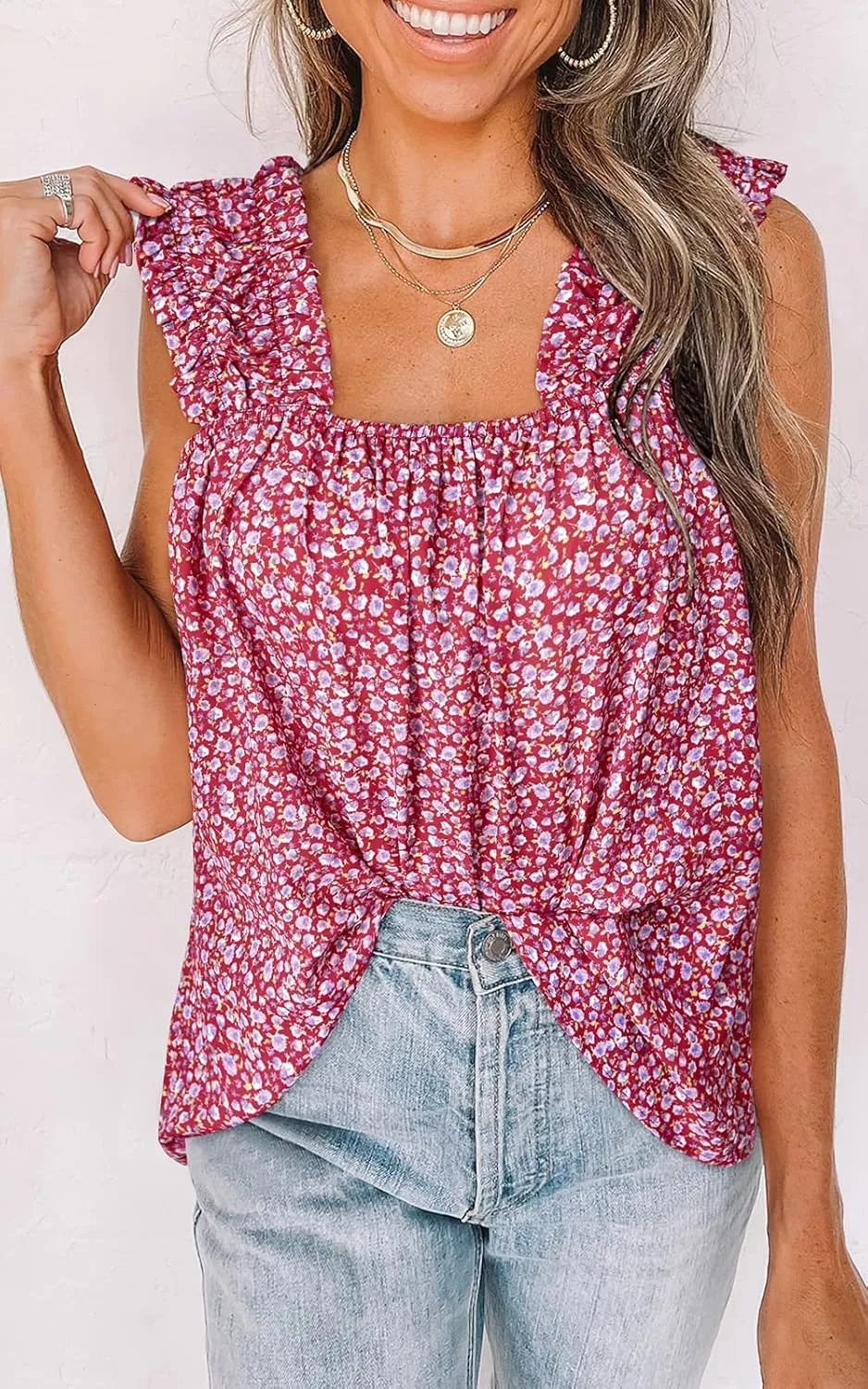PRETTYGARDEN Boho Floral Tank Tops for Women, Shirred Straps Pleated Summer Casual Sleeveless Shirts Tops Beach Blouses