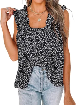 PRETTYGARDEN Boho Floral Tank Tops for Women, Shirred Straps Pleated Summer Casual Sleeveless Shirts Tops Beach Blouses