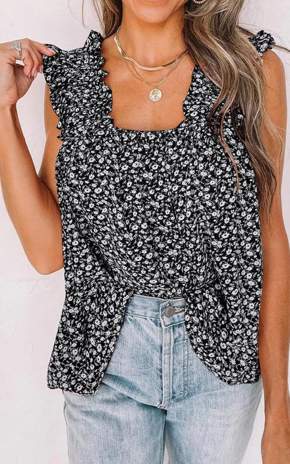 PRETTYGARDEN Boho Floral Tank Tops for Women, Shirred Straps Pleated Summer Casual Sleeveless Shirts Tops Beach Blouses