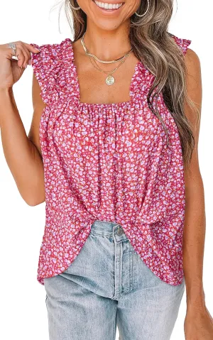 PRETTYGARDEN Boho Floral Tank Tops for Women, Shirred Straps Pleated Summer Casual Sleeveless Shirts Tops Beach Blouses