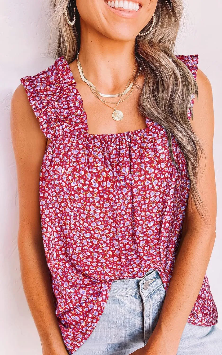 PRETTYGARDEN Boho Floral Tank Tops for Women, Shirred Straps Pleated Summer Casual Sleeveless Shirts Tops Beach Blouses