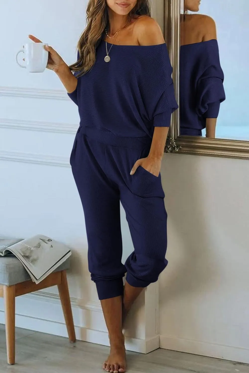 PRETTYGARDEN Women's 2 Piece Ribbed Tracksuit Outfits Off Shoulder Long Sleeve Pullover Lounge Pants with Pockets