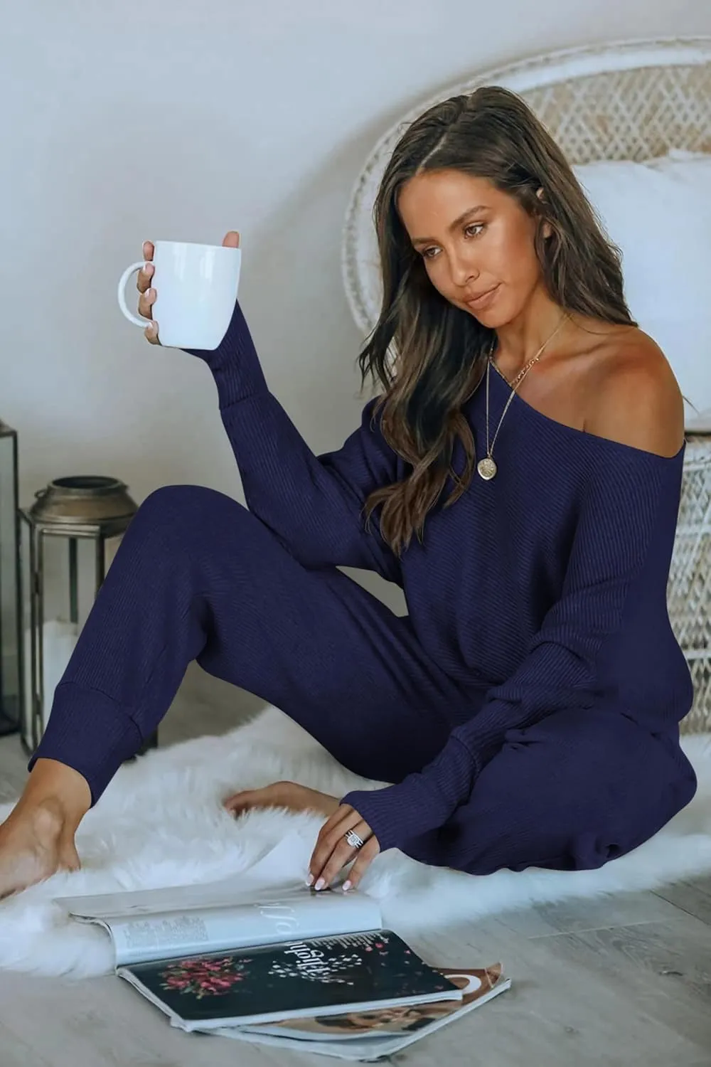 PRETTYGARDEN Women's 2 Piece Ribbed Tracksuit Outfits Off Shoulder Long Sleeve Pullover Lounge Pants with Pockets