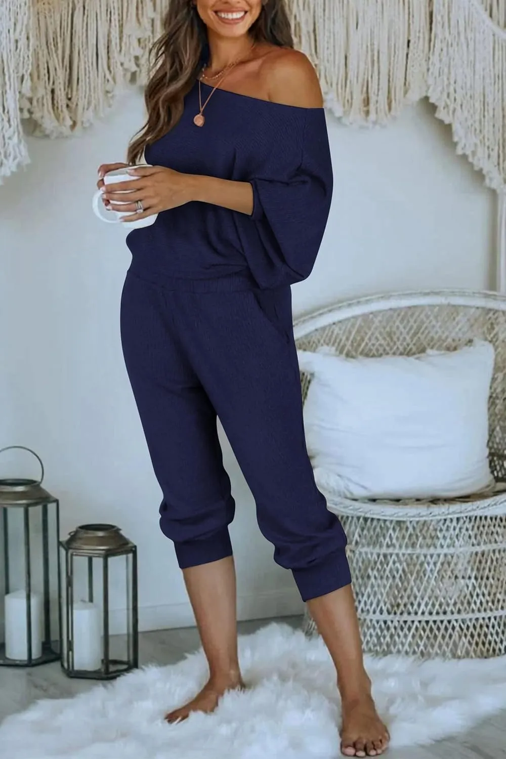 PRETTYGARDEN Women's 2 Piece Ribbed Tracksuit Outfits Off Shoulder Long Sleeve Pullover Lounge Pants with Pockets