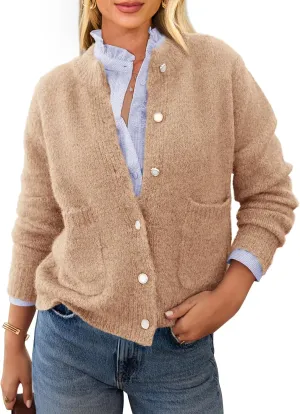 PRETTYGARDEN Women's Knit Cardigan Sweaters Casual Long Sleeve Open Front Button Up Ribbed Fall Spring Sweater Jackets