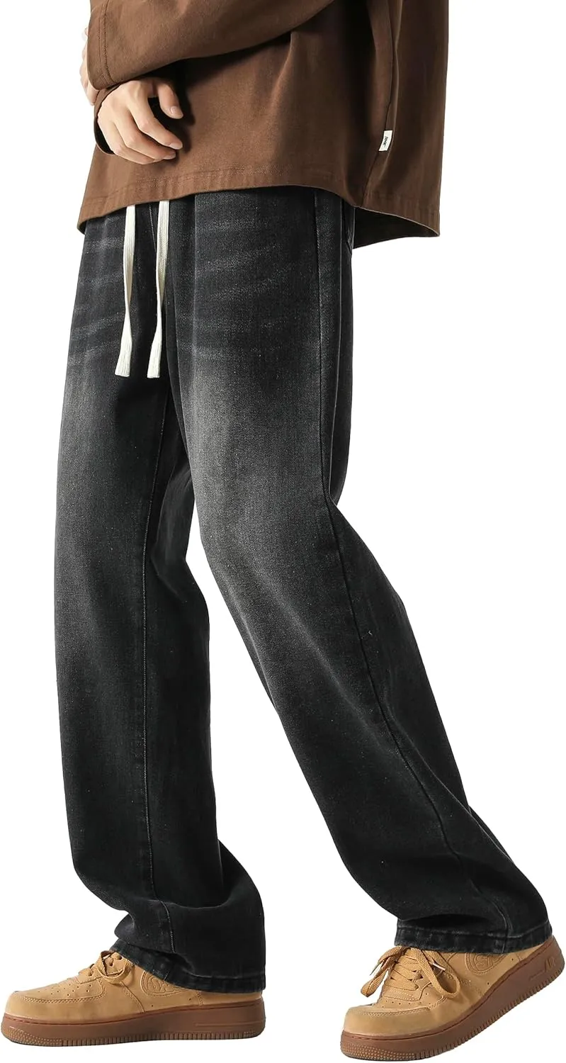 PRIJOUHE Mens Wide Leg Jeans Elastic Waist Baggy Jeans Casual Drawstring Denim Pants Trousers