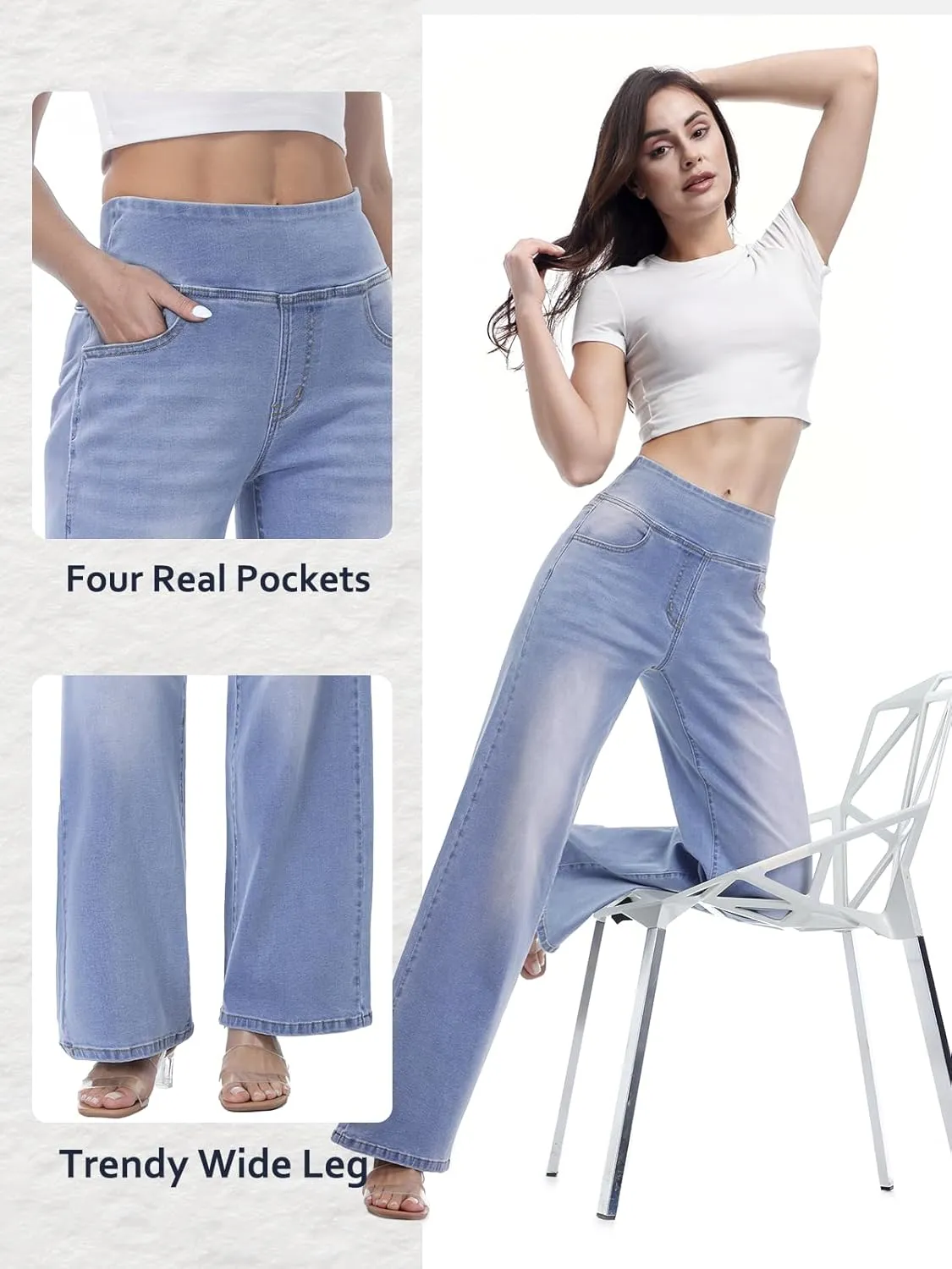 Pull on Wide Leg Jeans for Women, High Waisted Stretchy Baggy Trendy Tummy Control Straight Leg Jeans Denim Pants