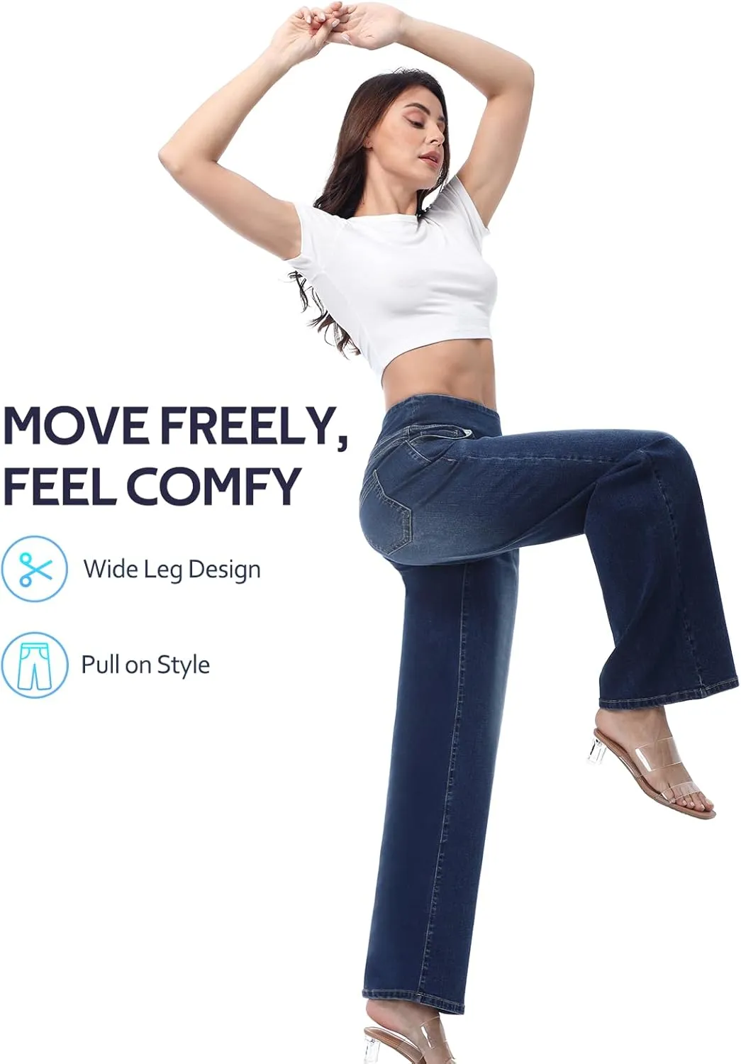 Pull on Wide Leg Jeans for Women, High Waisted Stretchy Baggy Trendy Tummy Control Straight Leg Jeans Denim Pants