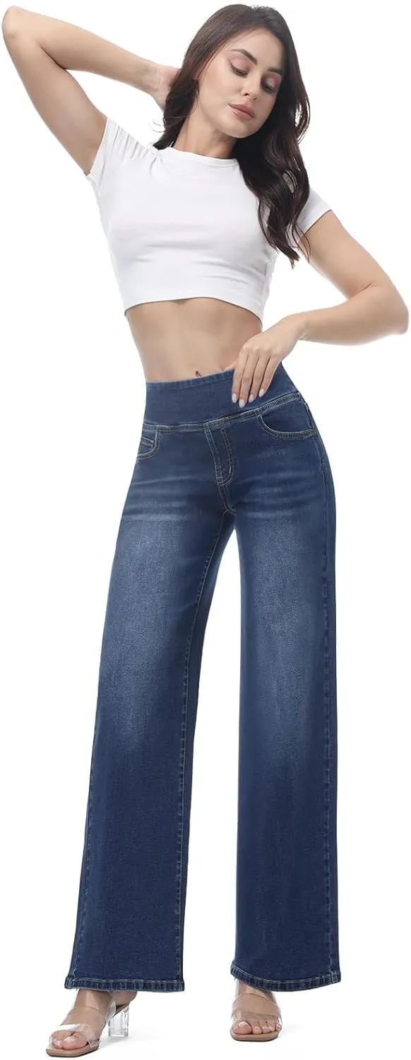 Pull on Wide Leg Jeans for Women, High Waisted Stretchy Baggy Trendy Tummy Control Straight Leg Jeans Denim Pants