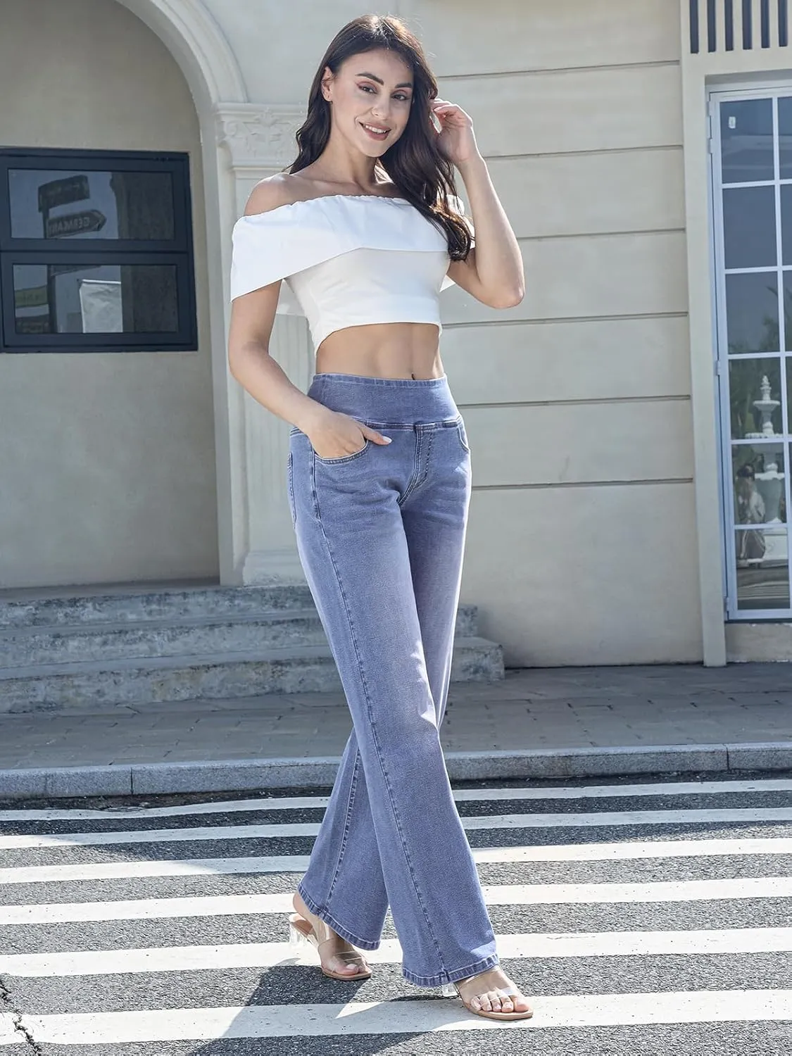 Pull on Wide Leg Jeans for Women, High Waisted Stretchy Baggy Trendy Tummy Control Straight Leg Jeans Denim Pants