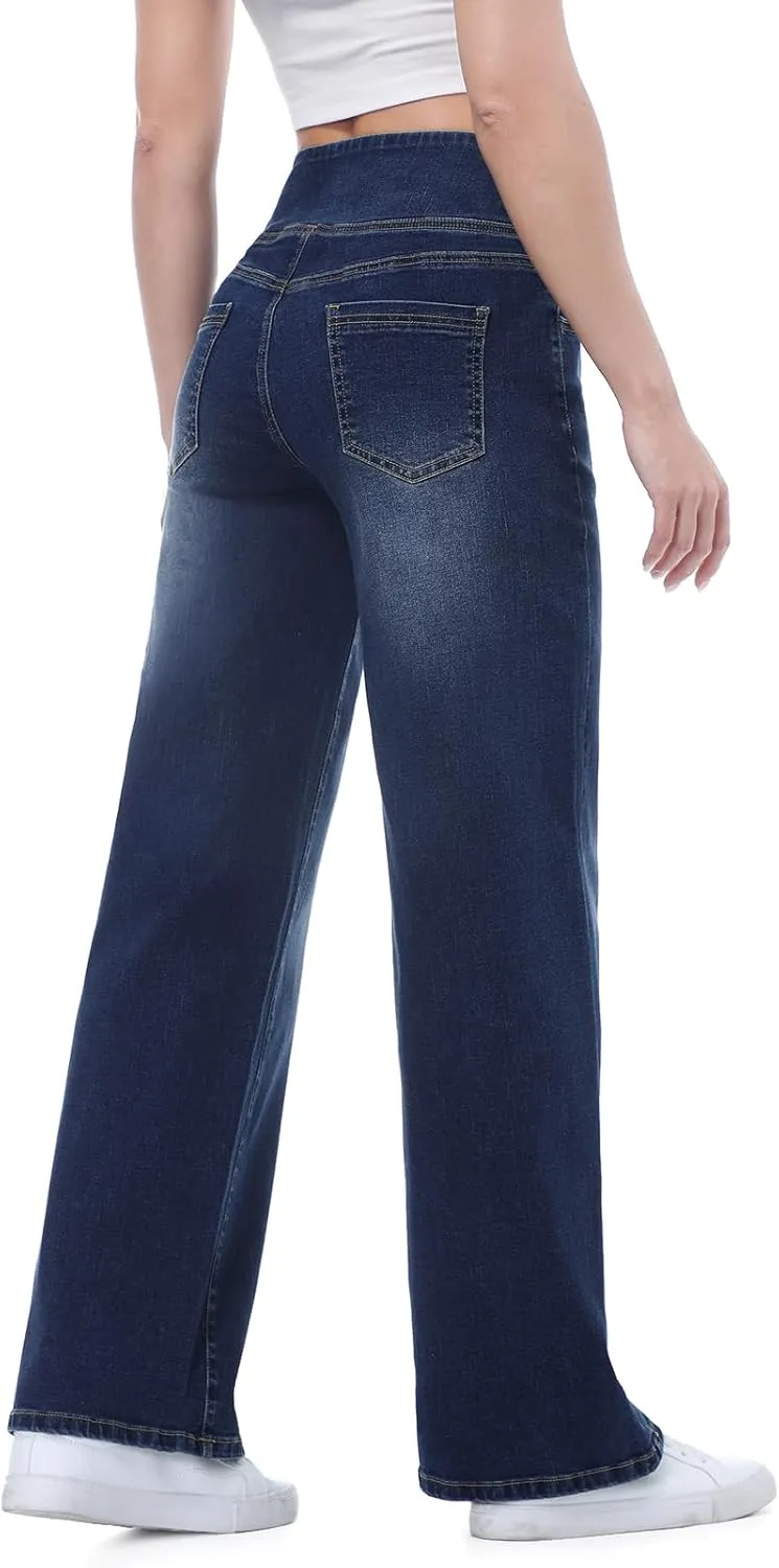 Pull on Wide Leg Jeans for Women, High Waisted Stretchy Baggy Trendy Tummy Control Straight Leg Jeans Denim Pants