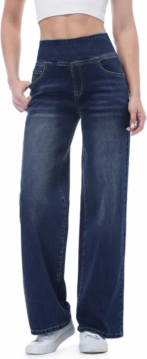 Pull on Wide Leg Jeans for Women, High Waisted Stretchy Baggy Trendy Tummy Control Straight Leg Jeans Denim Pants